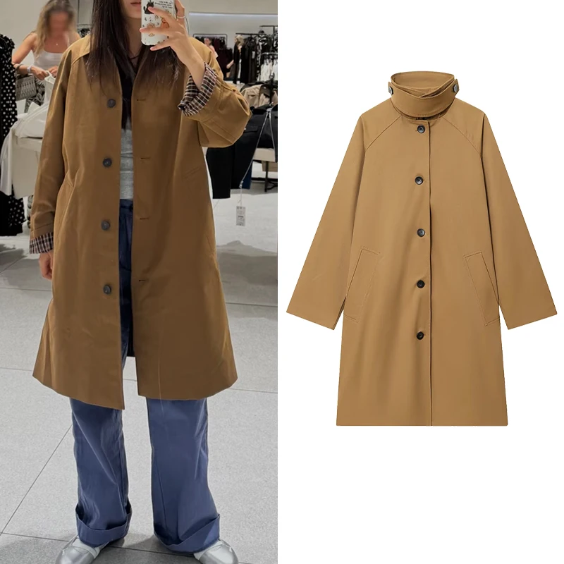 

2025 New Autumn Womens Khaki Trench Coat High Neck Single Breasted Mid Length Trench Coat Adapted To Daily Leisure Commuting