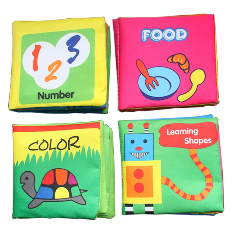 4PCS English Newborn Baby Cloth Picture Book Set Sound Learning Animal Knowledge 3-6months 1 to 2 Year Cognitive Development Toy