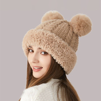 Winter Warm Knitting Hat For Women Double Pompom Thick Plush Cap Solid Color Ladies Anti-cold Ski Snow Beanie