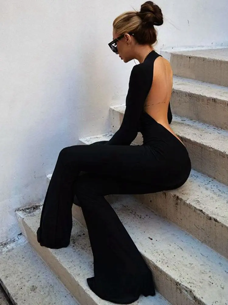 

New Autumn Fashion Flared Jumpsuit Sexy Open-Back Hollow High Street For Temperament Women Street Daily Commuting Wear