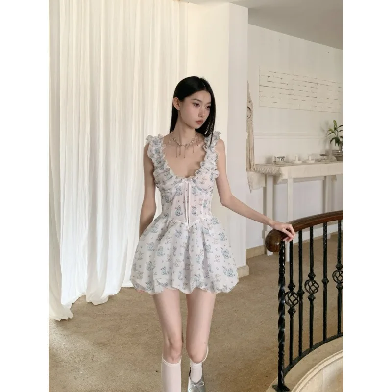 

Nanyou Designer Dress 2025 Summer New Hand-painted Graffiti Cat Bud V-neck Skirt