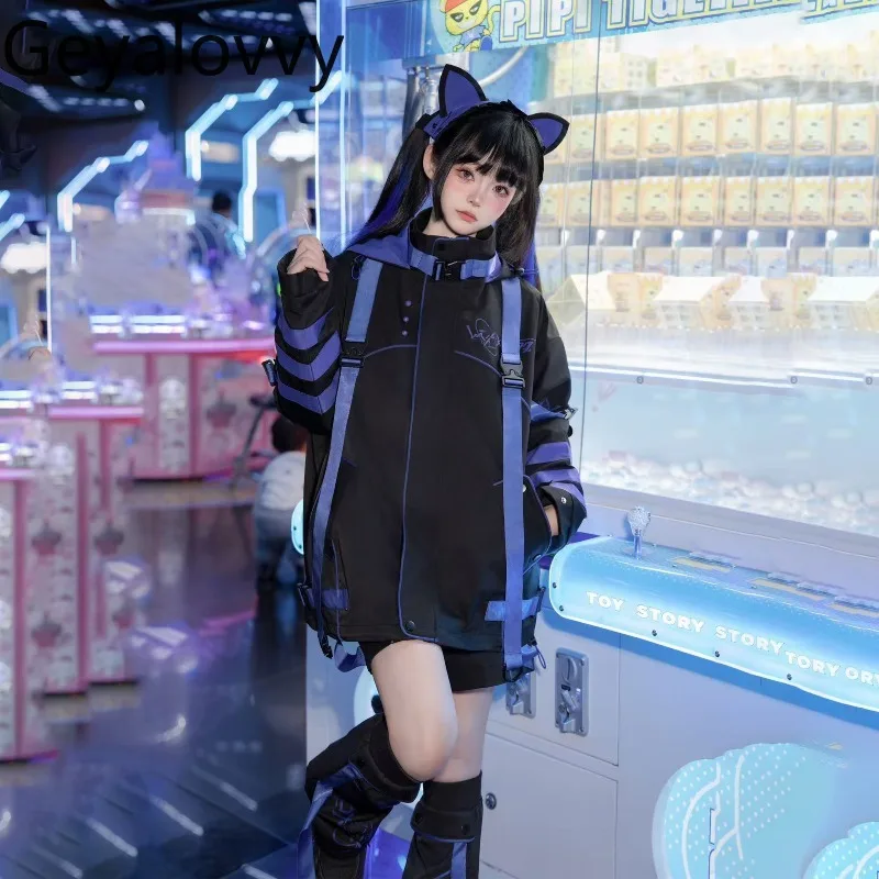 

Original Functional Style Hooded Jacket Blue Casual and Versatile Loose-fitting Outerwear Coat and Straight-leg Pants Set