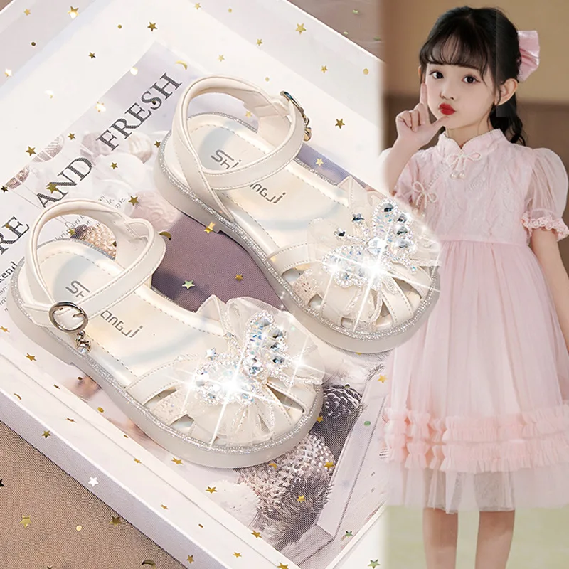 

Fashion Rhinestone Bowtie Princess Shoes for Girls Sandals Dress Shoes Kids Flat Beach Children's Elegant Sandals Free Shipping