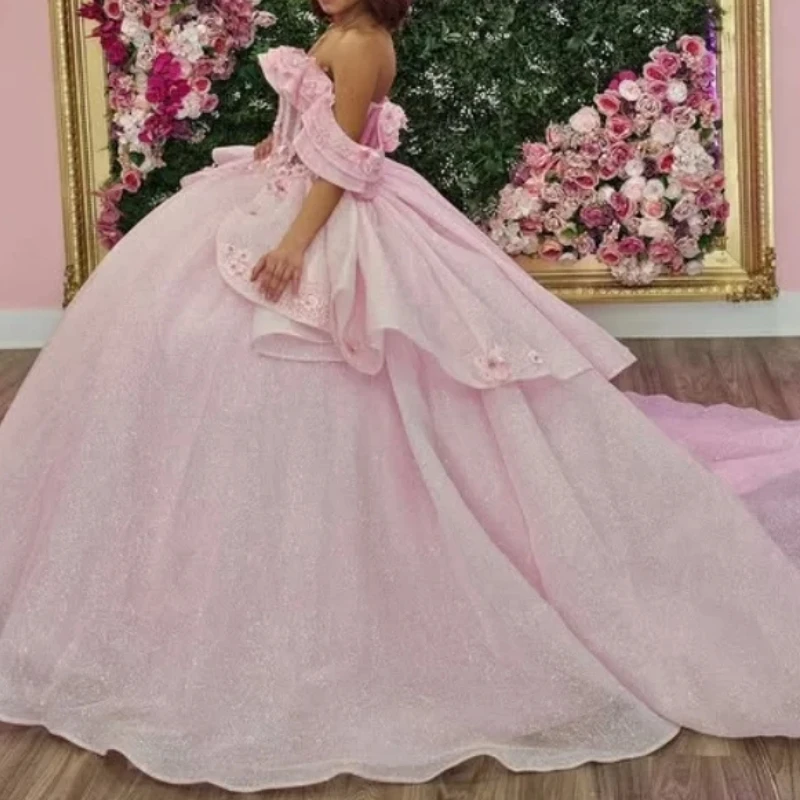 

Elegant Light Pink Off Shoulder Crystal Flower Ball Gown Sweep Train Women Wedding Party Prom Quinceanera 15 16 Girls Customized