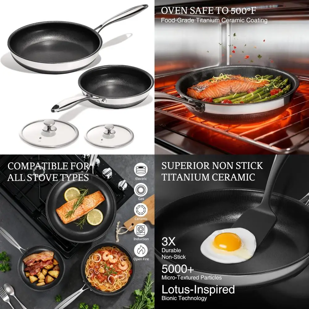 

Набор сковородок из титановой керамики с антипригарным покрытием, 2 предмета с крышками, 10 и 12 дюймов, сковорода, нержавеющая сталь, без PFAS, здоровая кулинария