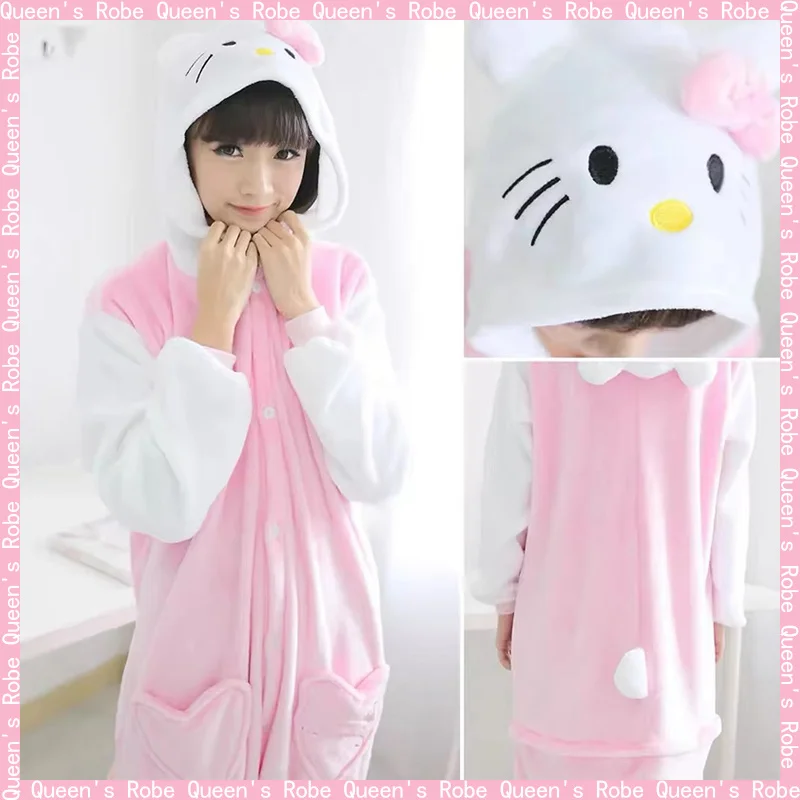 Hello Kitty Cat Onesie Cosplay Costume Kigurumi Flannel Zipper Pajamas Anime Jumpsuit Sleepwear Homewear Halloween Children Suit