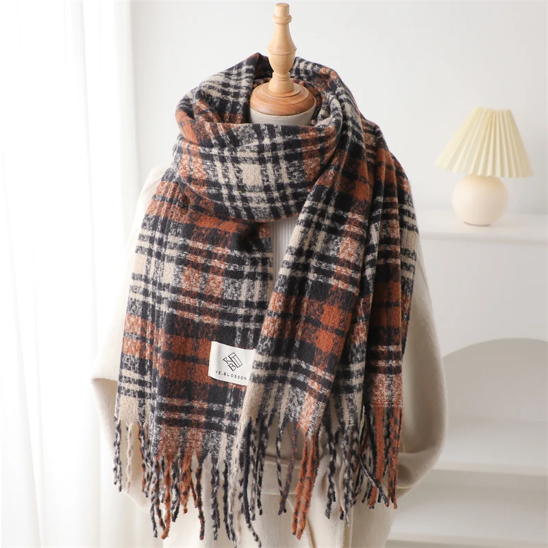 Winter Korean Style Scarf Women Plaid Cashmere Warm Pashmina Blanket Wraps Men Thick Soft Bufanda Tassel Shawl Poncho Echarpe