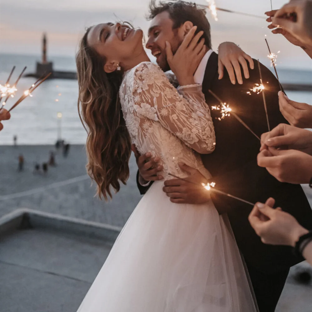 Elegante vestido de novia de manga larga de encaje, línea A, romántico, hasta el suelo, bata de novia de manga larga