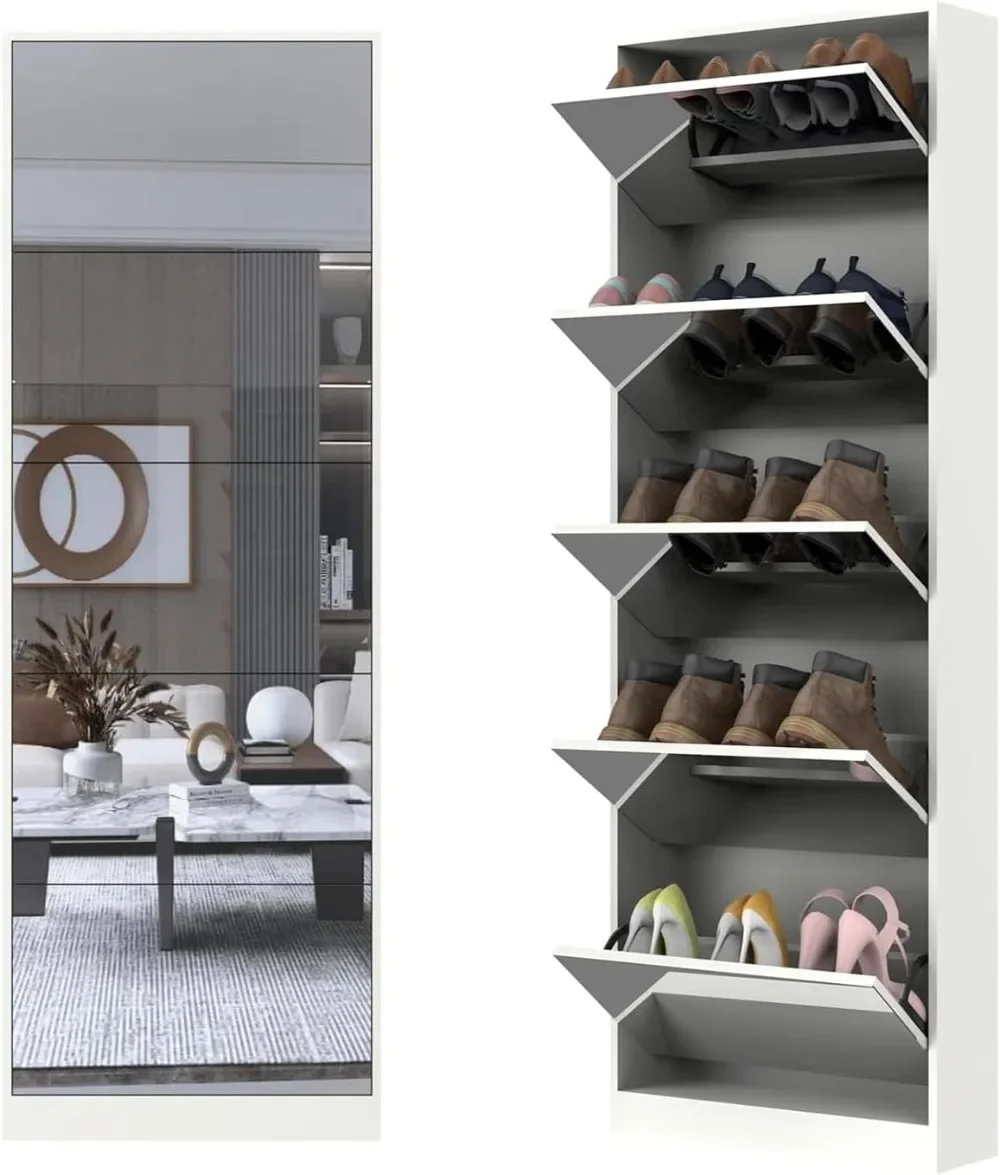 Tall Shoe Cabinet with Full Length Mirror, 5 Tiers Narrow Shoe Storage Cabinet with Flip Drawer, Hidden Shoe Rack Organizer