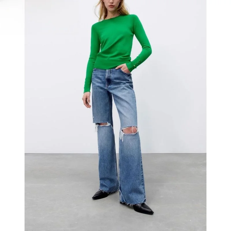 

Metal Button round Ne Long Sve Slim Fit Knitted Top Women's Faion Autumn Winter Color Sweet Sle Base Layer irt