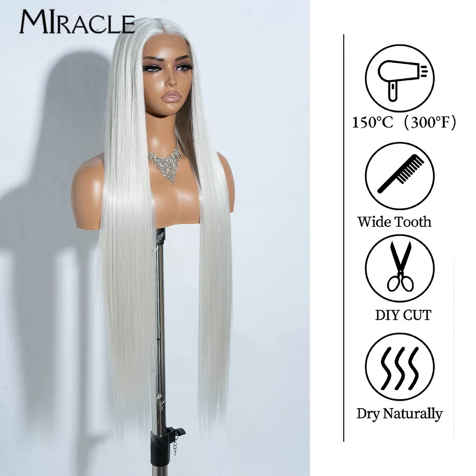 MIRACLE Straight Synthetic Lace Front Wig 38 Inch Super Long Straight Fake Hair Cosplay Wig Ombre Blonde Lace Wig Heat Resistant