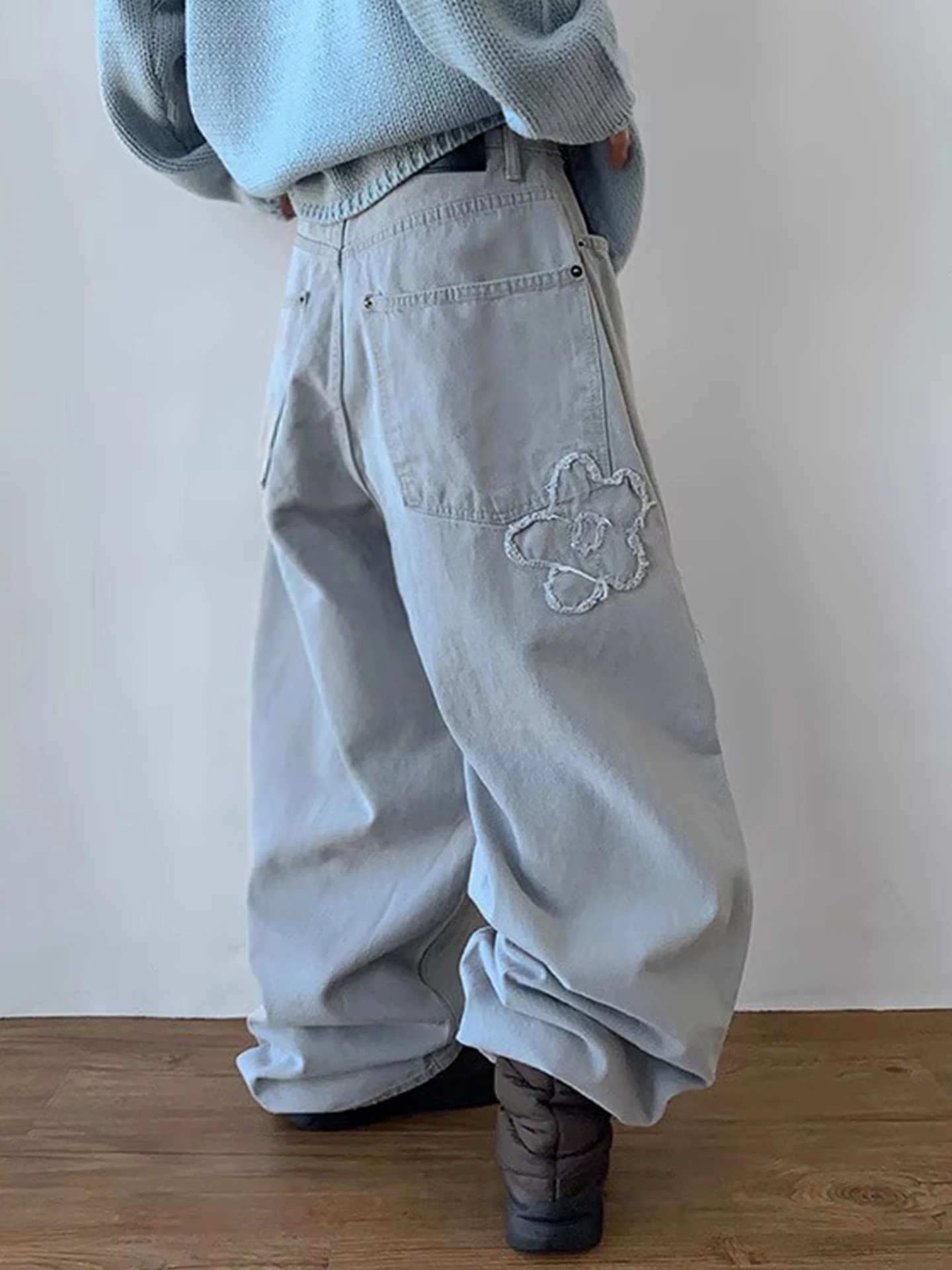 

Gagarich Ретро потертые джинсы с бахромой и цветочной вышивкой, женские осенне-зимние джинсы с высокой талией, утягивающие широкие длинные брюки