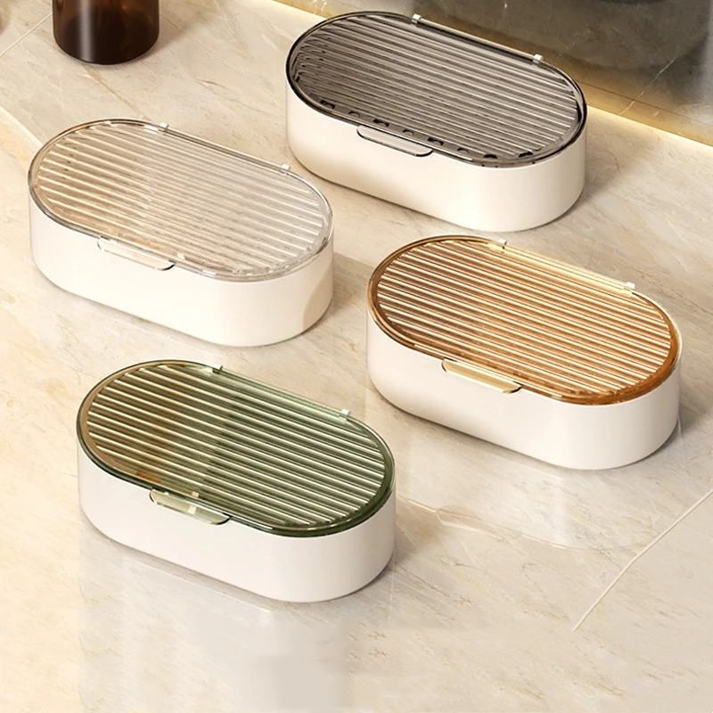 Double Drain Bathroom Countertop Soap Dish with Lid, Plastic Soap Box, Leak-Proof, Keeps Soap Dry, Travel Essentials