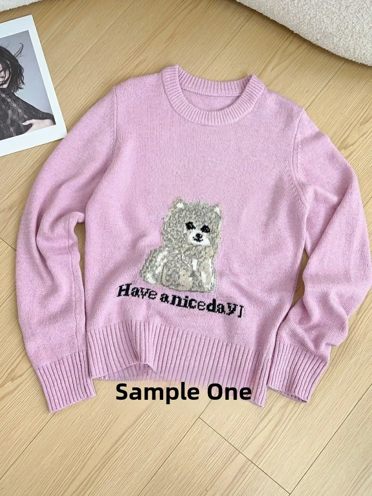   가을 겨울 여성 니트 스웨터 울 루즈핏 레터 패턴 강아지 프린트 따뜻한 보온 롱 스웨터 라운드 넥...