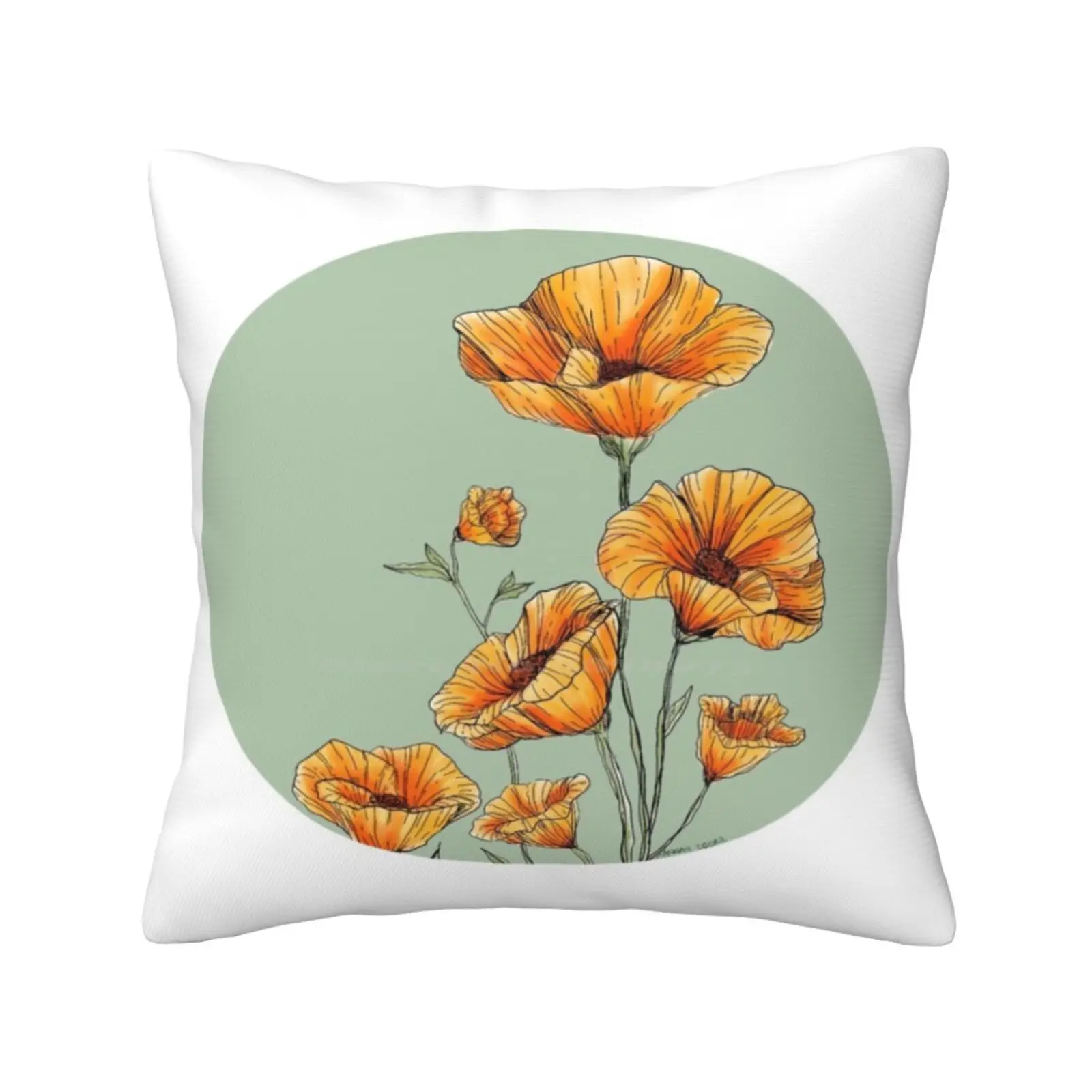 California Poppies Funny Cute Decor Square Pillowcase Flowers Blooms Blossom Summer Spring Girly Orange Procreate Nature Trees