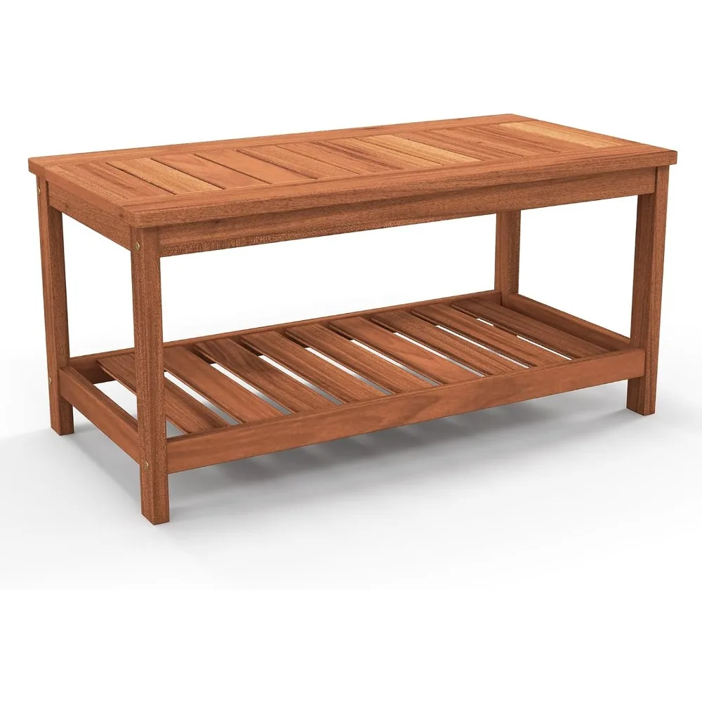 

Wood Outdoor Patio Coffee Table, Storage Shelf, Rectangle Patio Furniture for Garden Backyard Conversation