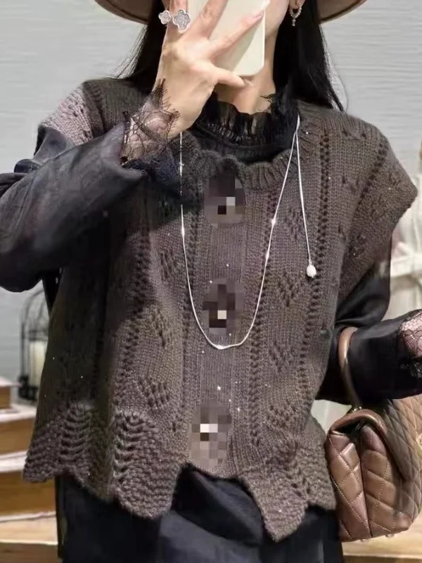 

Женский вязаный кардиган-жилет из 100% шерсти, круглый вырез, модный, ажурный, с открытыми плечами, верхняя одежда