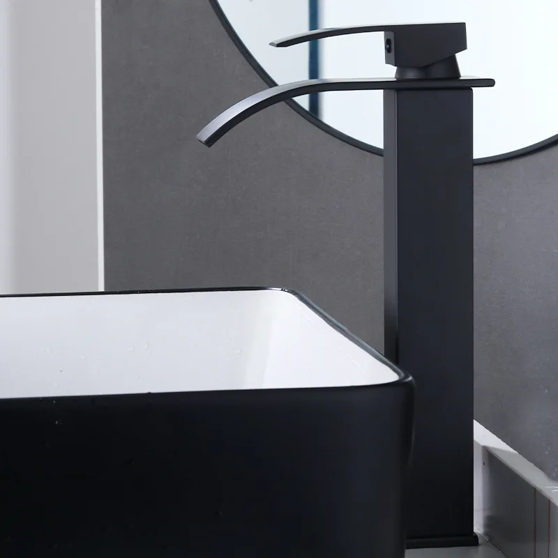 

Bathroom Black Basin Waterfall Faucet Square Elbow Stainless Steel Hot and Cold Basin Faucet Bathroom Countertop Basin Faucet