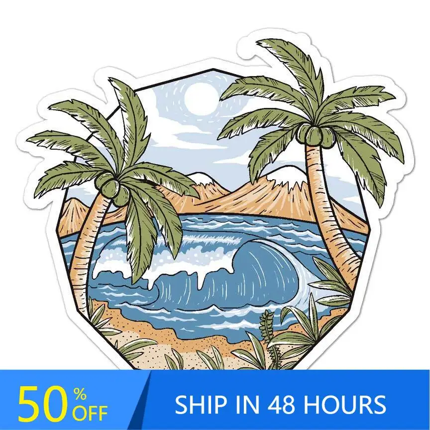 Palm Trees Beach Surf, Retro Bumper Laptop Truck Window Waterproof Vinyl Decal Accessory Unique Vintage Aesthetic