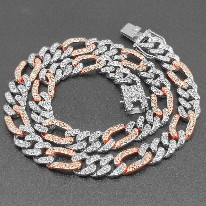 3:1 Figaro Link Chain Choker Necklace For Men Women 2tone Gold Silver Color Iced Out Rhinestones Miami Cuban Hip Hop Jewelry