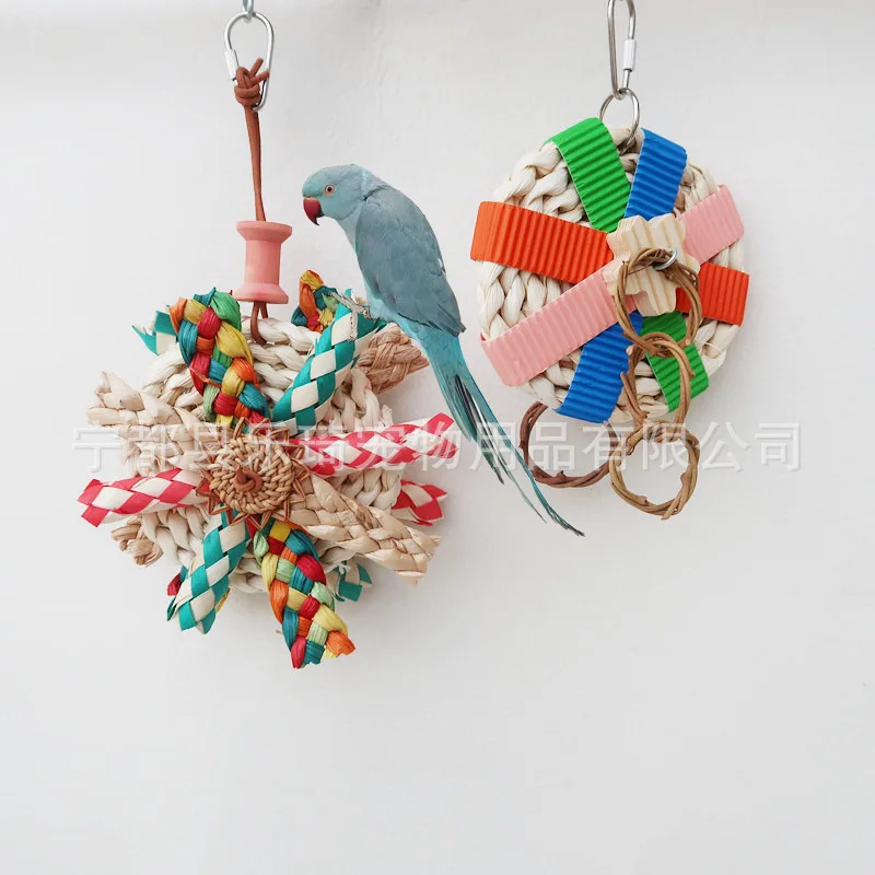 Parrot Chew Toys Cockatiel Toy Bird Chewing Toy With Metal Hook Colorful Foraging Toys For Parakeets Bird Straw Shredding Toys