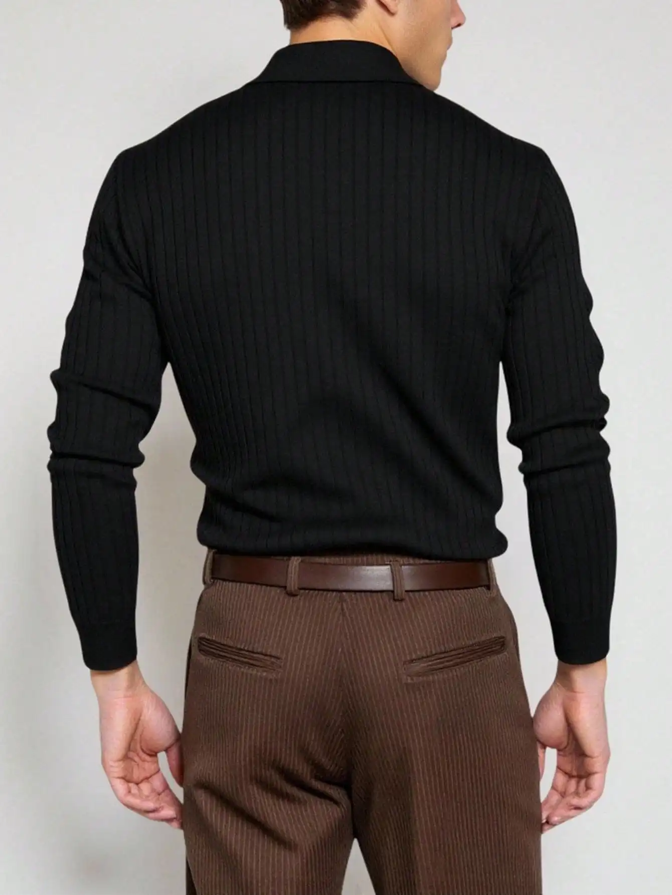 Men's Ribbed Long Sleeve Polo Shirt, Solid Color Casual Pullover for Fall