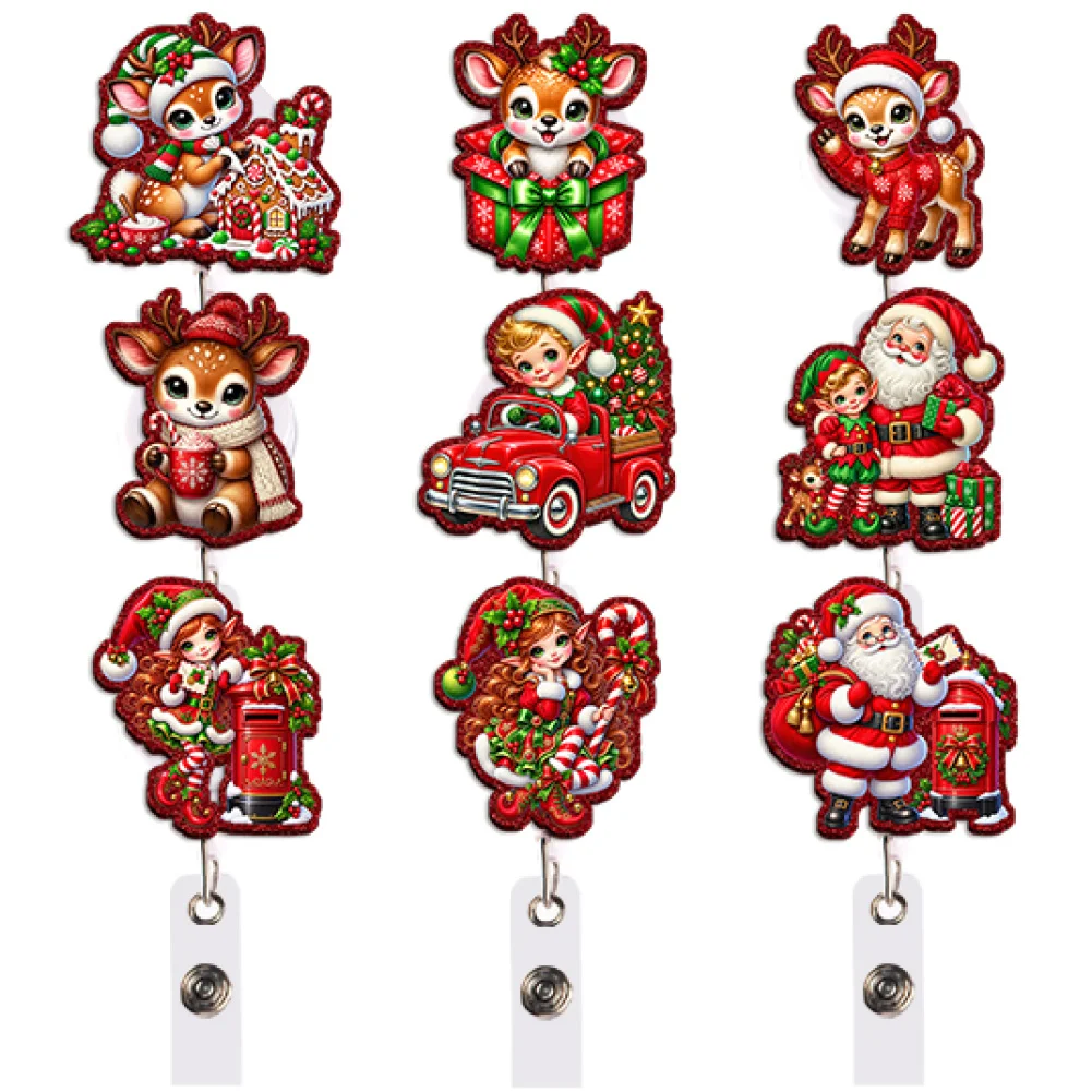 Cartoon Cute Animal Gift Christmas Red Glitter Retractable Reel Clip Badge Holder Accessories