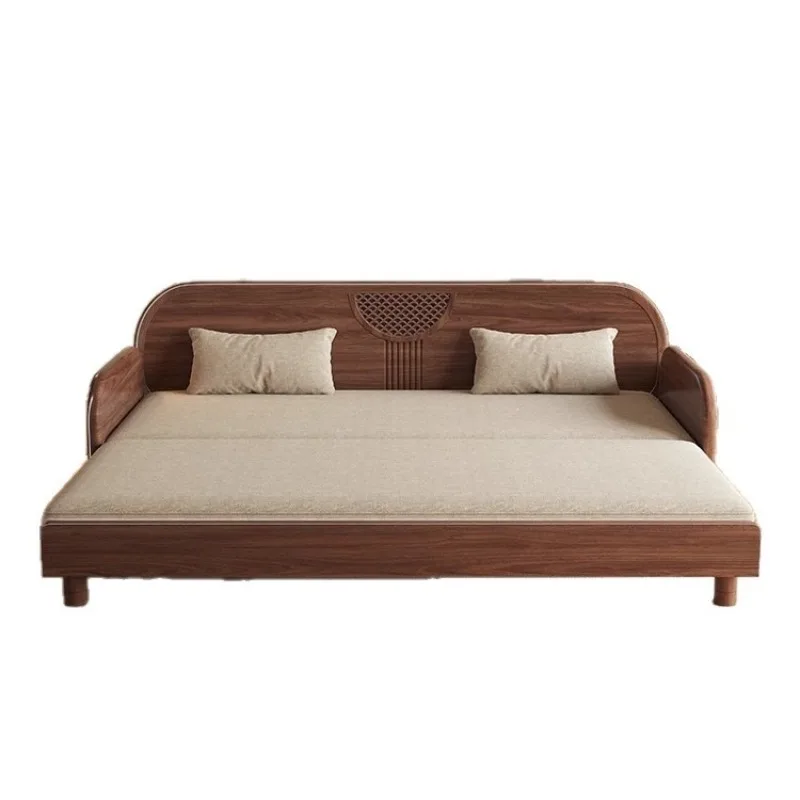 Chinese solid wood sofa bed, black walnut foldable living room balcony wood broaching bed