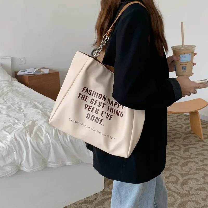 New PU Large Capacity Tote Bag Female Contrast Letters Fashion Shoulder Commuter Student Big Handbags Bags