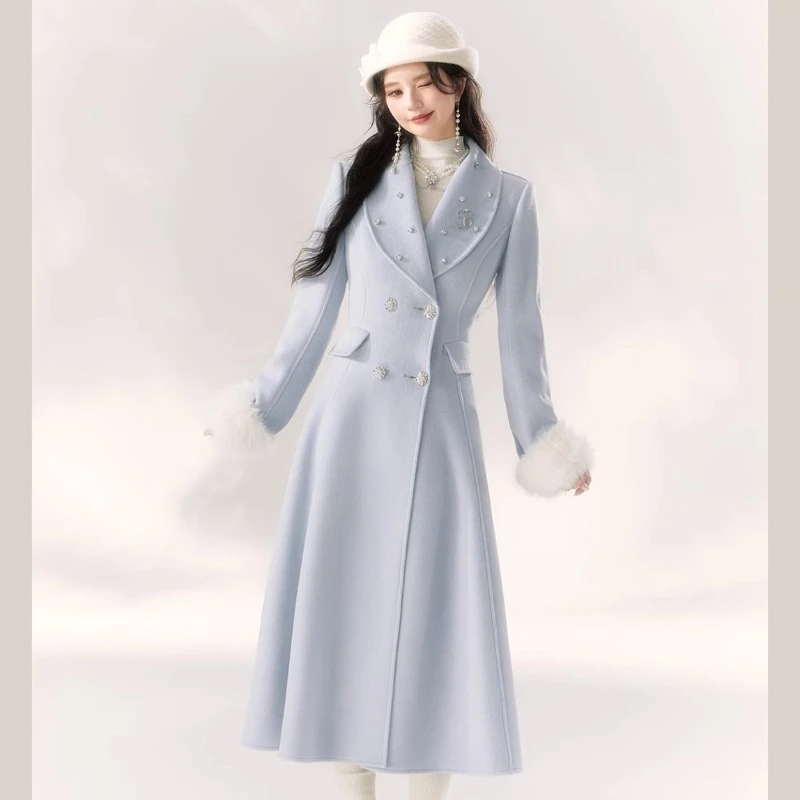 

Winter Fall Women Elegant Double Breasted Button Fur Collar Patchwork Long Blue Woolen Coat , Woman Padded Wool Coats