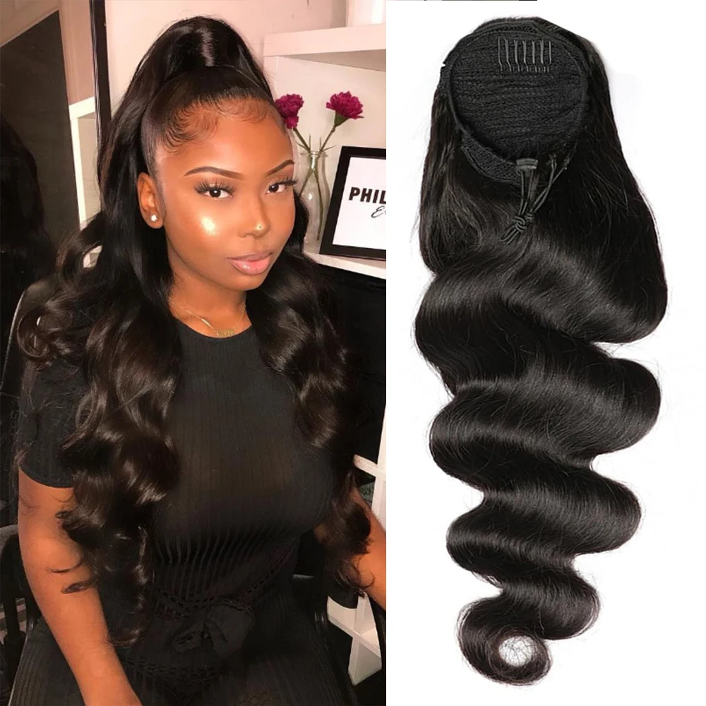 الجسم موجة الرباط ذيل حصان وصلات شعر بشري 100 جرام/مجموعة البرازيلي طويل متموج ذيل حصان رقاقة في الشعر ريمي غير المجهزة الطبيعية