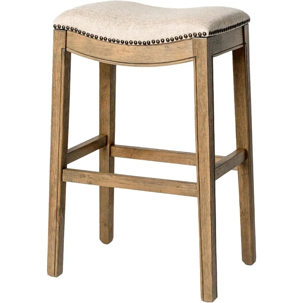 

Adrien 31 Inch Bar Height Upholstered Backless Saddle Barstool in Natural Wood Finish with Wheat Cream Fabric Cushion Seat