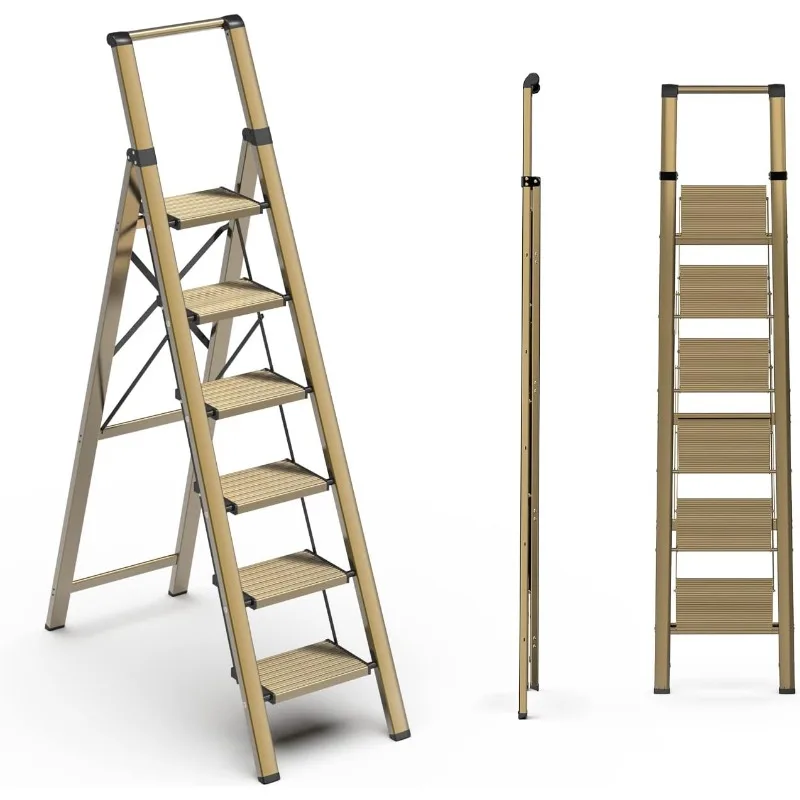 

6 Step Ladder, Folding Step Stool with Handgrip and Anti-Slip Wide Pedal, Portable Lightweight Aluminum Stepladder