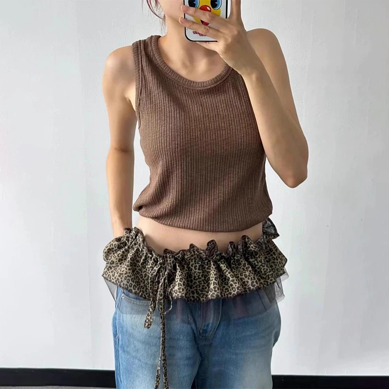 Mode Retro Leopard Print Mesh Gürtel Frauen Chic Spitze Rüschen Layering Taille Rock