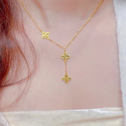 New 24K gold laser four-leaf necklace for women 2024 hot-selling tassel clavicle necklace for girlfriend AU999 gold jewelry