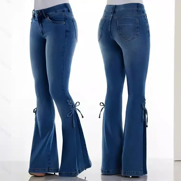 Flare Pants for Women Vintage Jeans Lace Up Stretch Mid Waist Skinny Distressed Washed 2025 Streetwear Female Denims Trousers