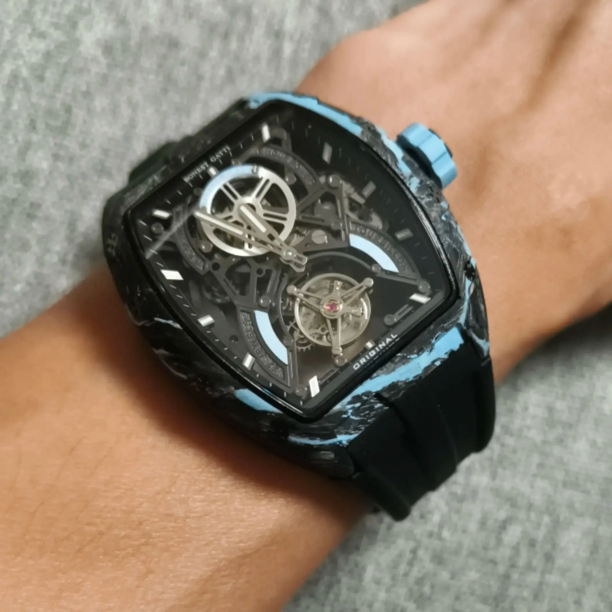 BONEST GATTI Men Tourbillon Watch Tonneau Automatic Mechanical Wristwatch Carbon Fiber Luminous Sport Sapphire Mirror FKM Strap