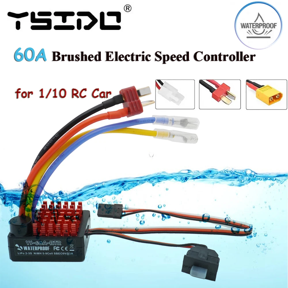 

Waterproof 60A Brushed ESC 2-3S Lipo Electric Speed Controller for 1/10 RC Car Traxxas TRX4 TRX6 D90 Redcat Crawler Truck Model
