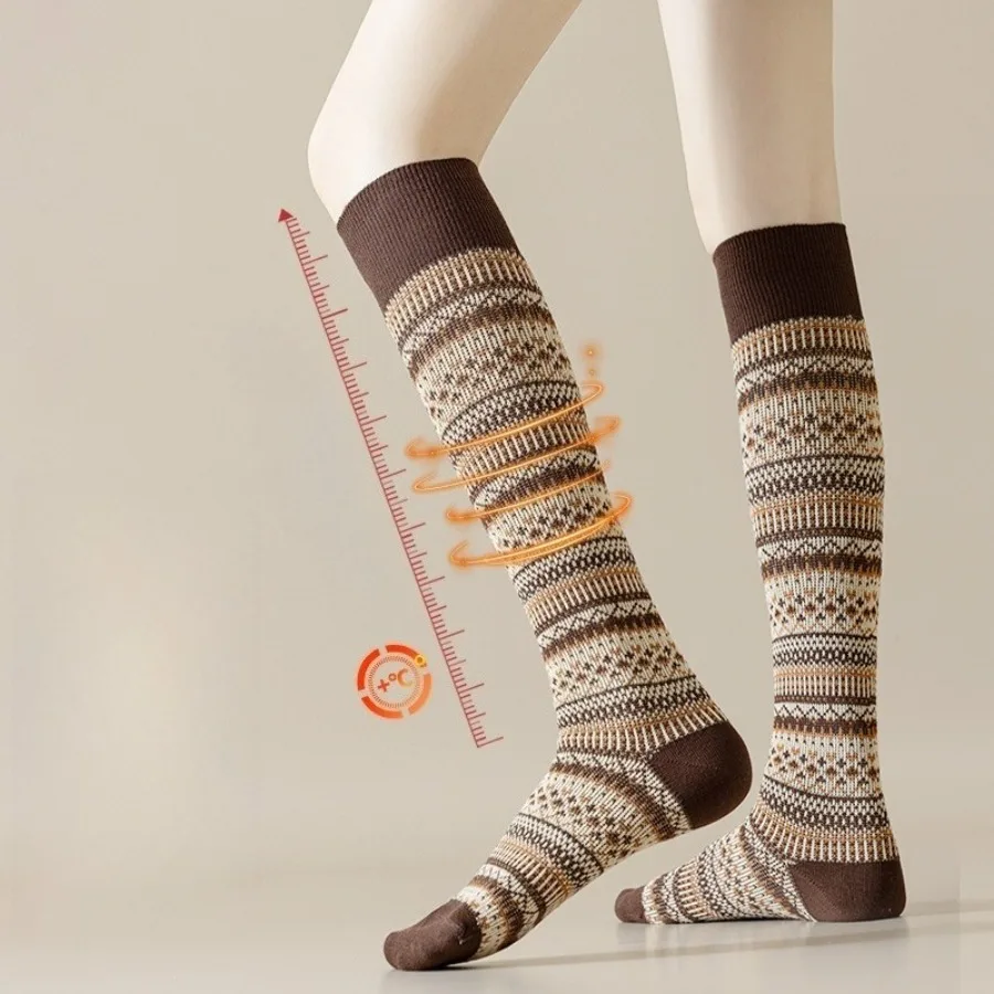 1 زوج من الخريف والشتاء الجوارب الدافئة موجة العجل ، الجوارب الدافئة نمط الرجعية ، جديد عصري مخطط عالية أنبوب جوارب ضغط دافئة #3