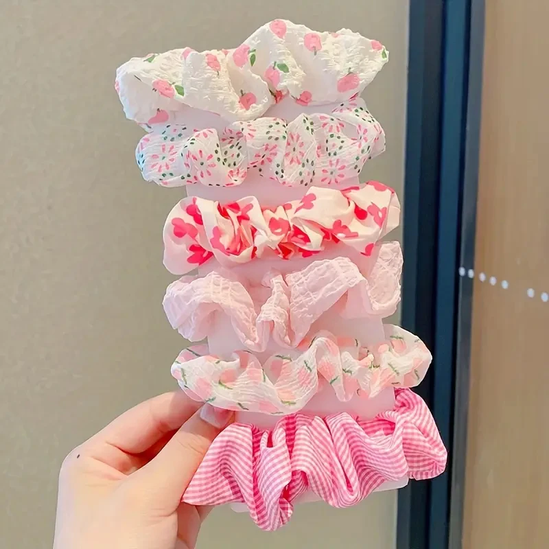 6pcs/set women's sweet pink peach blossom check large intestine hair ring,fashionable and versatile hair accessory image 3