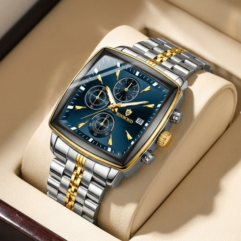1pcs square dial blue dial watch with two-tone metal strap, multi-dial chronograph function, bright pointers and scales
