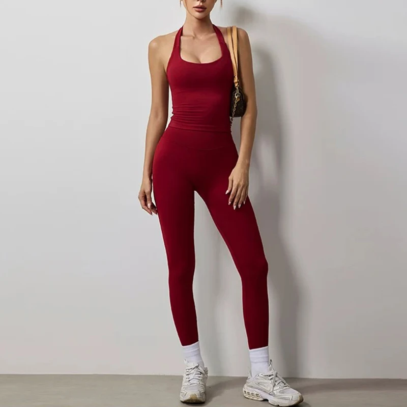 2PCS Women's Autumn High-Waisted Neck Hanging Sports Vest And Hip-Lifting Fitness Pants Yoga Gym Workout Fitness Suit