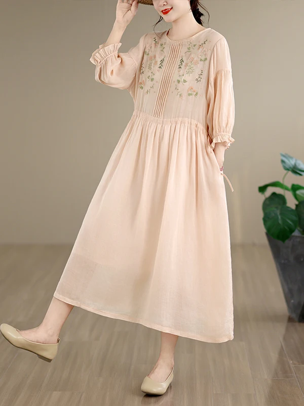 Artistic Casual Retro Embroidered Dress A-Line Waist-Cinching Slimming Seven-Sleeve Women's Clothing Drawstring Waist