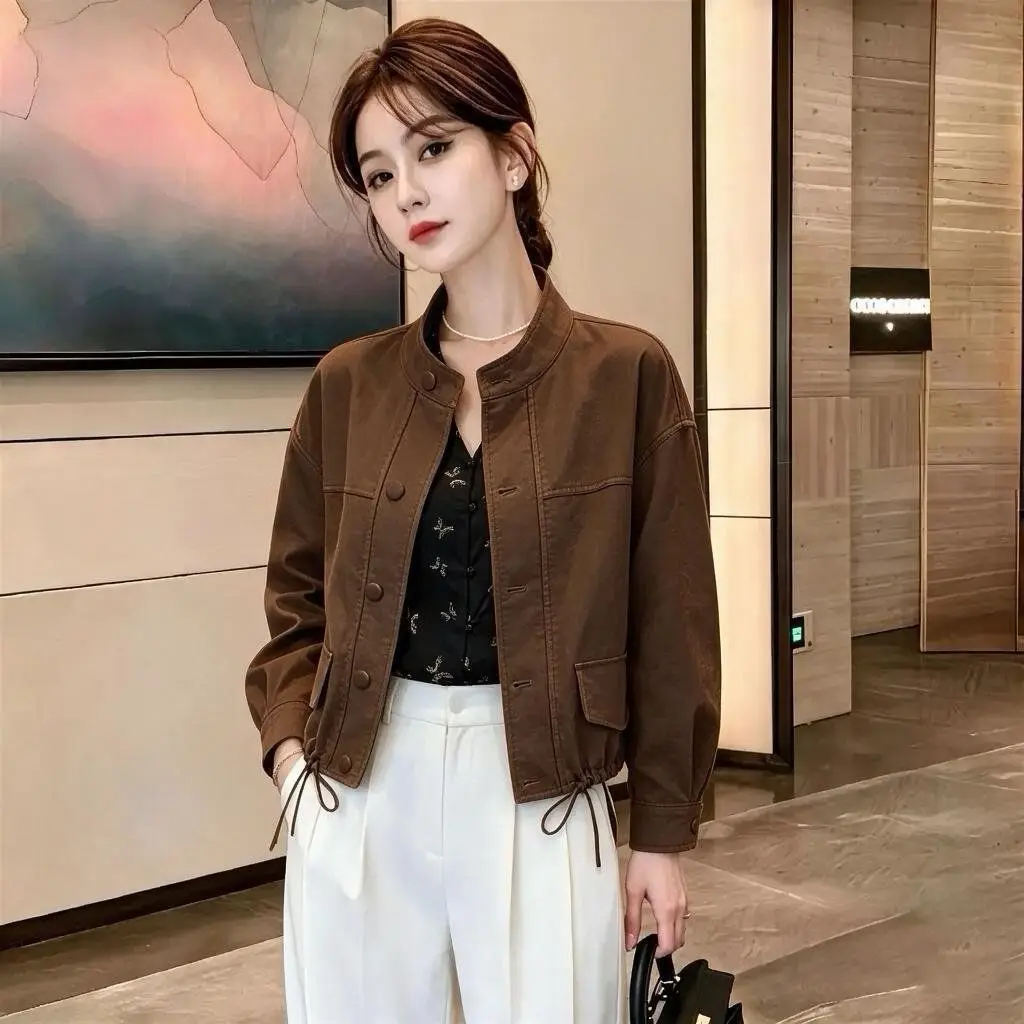 Fashion Coat Women's Spring Autumn New Stand-up Collar Tooling Jacket Ladies Short Popular Outwear Casual Exquisite Overwear Top