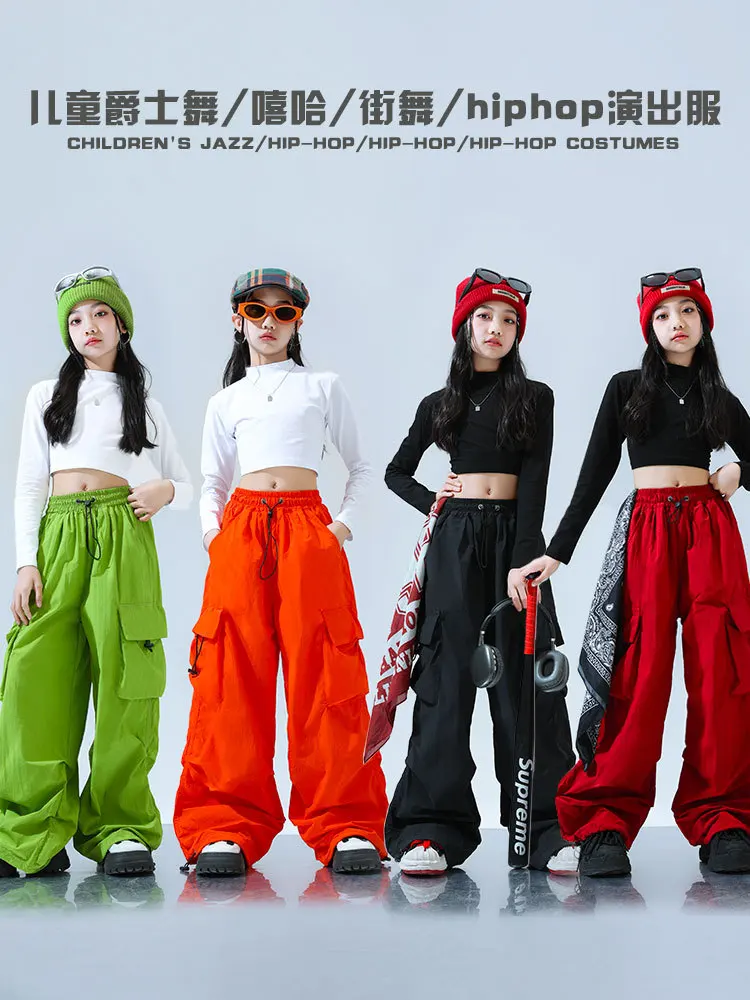 Childre Kpop Stage Costume Girls Jazz Hip Hop  Clothes Sets Exposed navel Long Sleeve Top Loose Pants Street Dance Wear