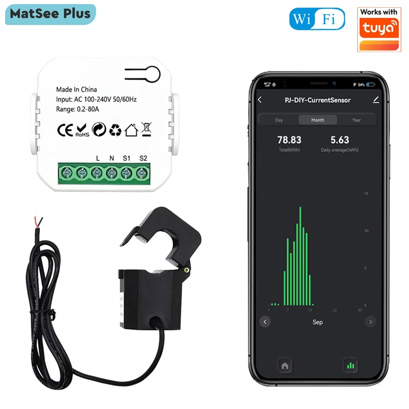 

Счетчик энергии Tuya Smart Life Wi-Fi 80A с зажимом Трансформатор тока Приложение Монитор Потребляемая мощность кВтч Статистика электроэнергии Цифровой электрический 110 В 230 В 50/60 Гц