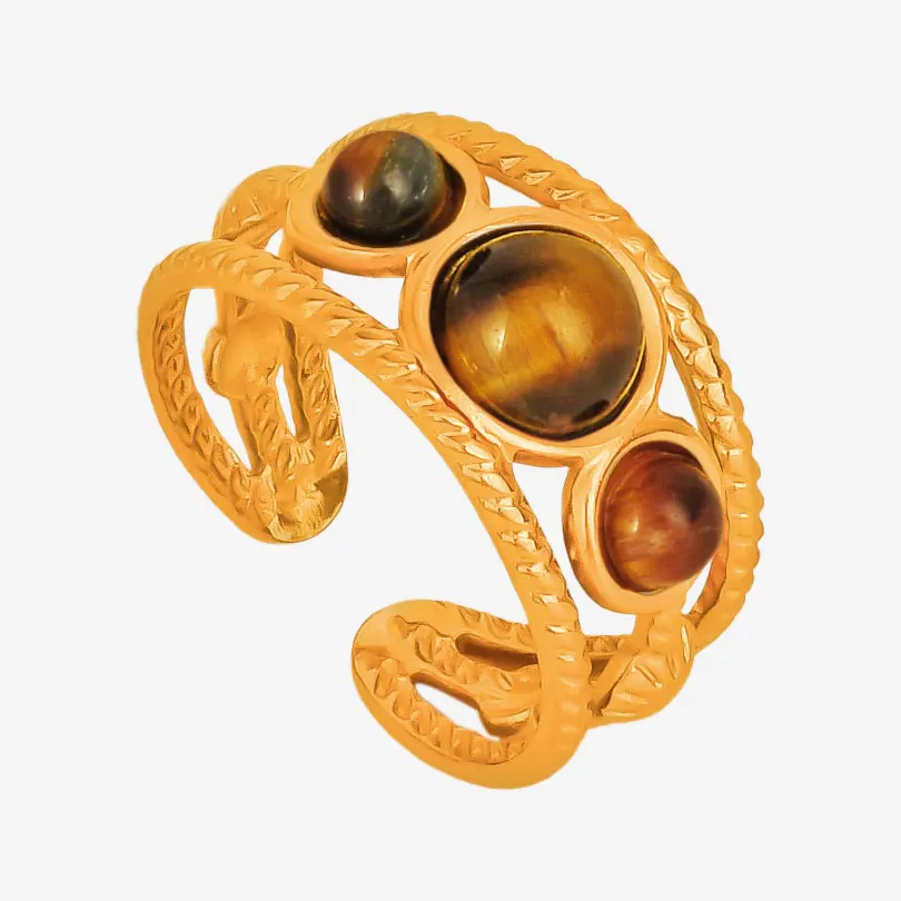 Real Tiger Eye Stone Ring Sun Heart Stainless Steel Open Rings For Women Men Accessories Real Gold Plated Vintage Jewelry Anillo