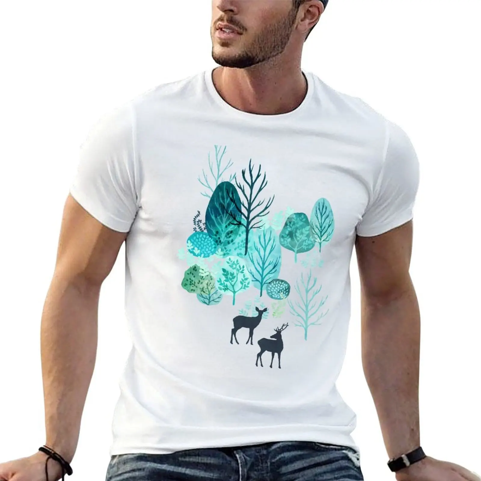 Emerald forest deer on white T-Shirt blue archive valentines boutique clothes mens clothes