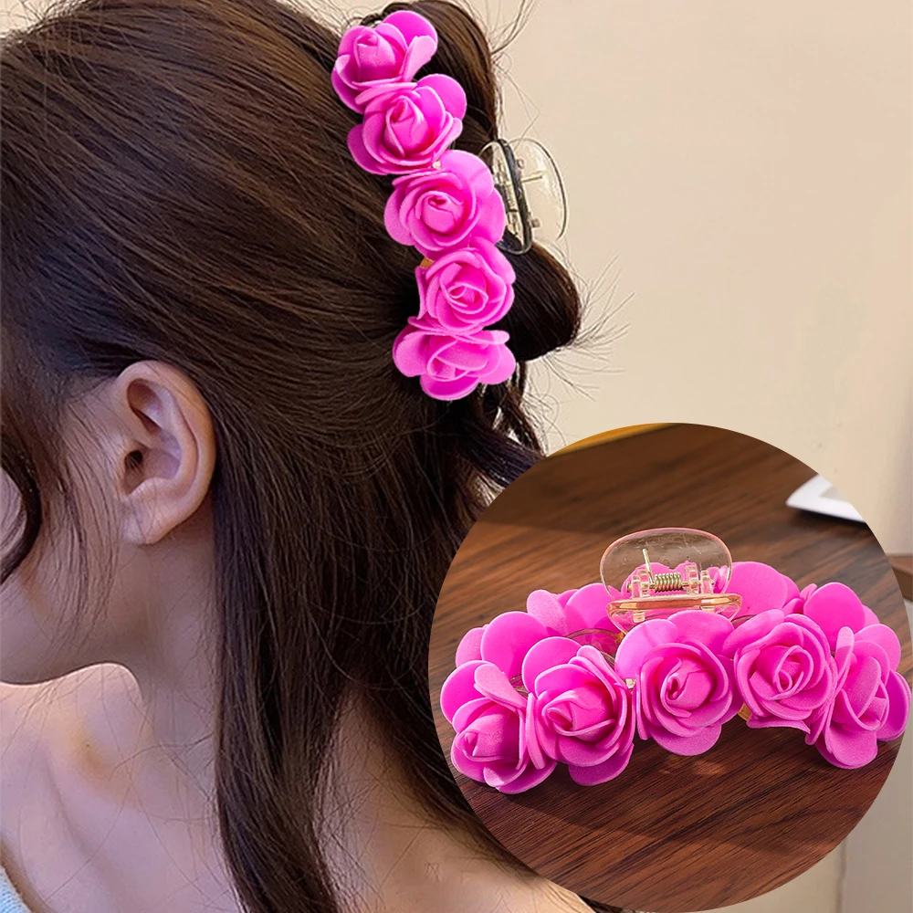 Fashion Rose Red Hair Claws Girls Temperament Ponytail Hairpin Crabs For Women Fabric Flower Hair Claips Headwear Accessories