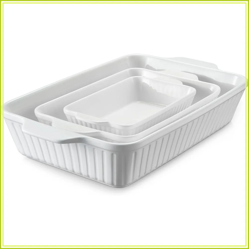 

3-Piece Ceramic Bakeware Set, Rectangular Baking Dishes with Handles, Oven Safe to 500°F, Soft White